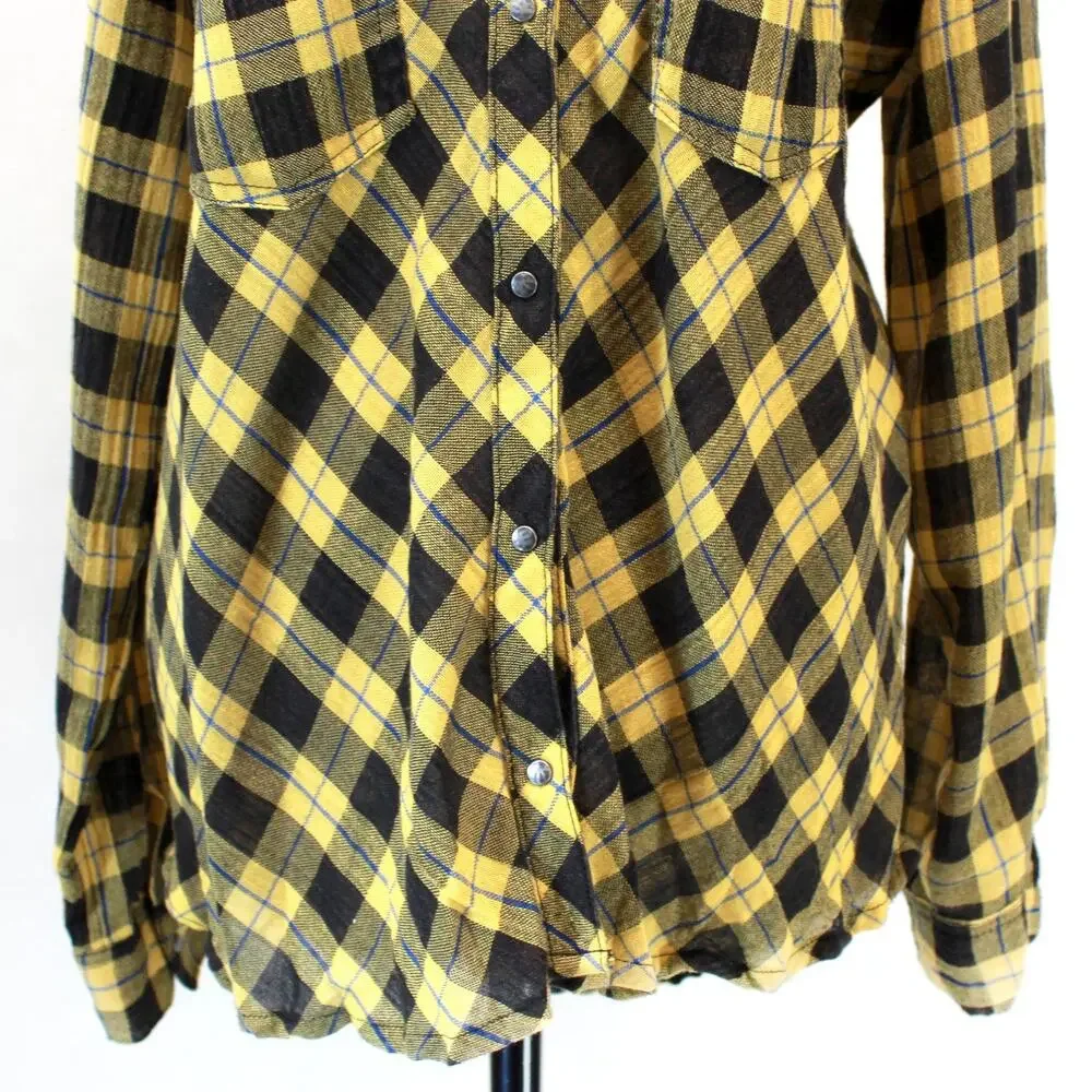 Free People Grunge Yellow Black Plaid Cutout Tunic Shirt Medium Modern